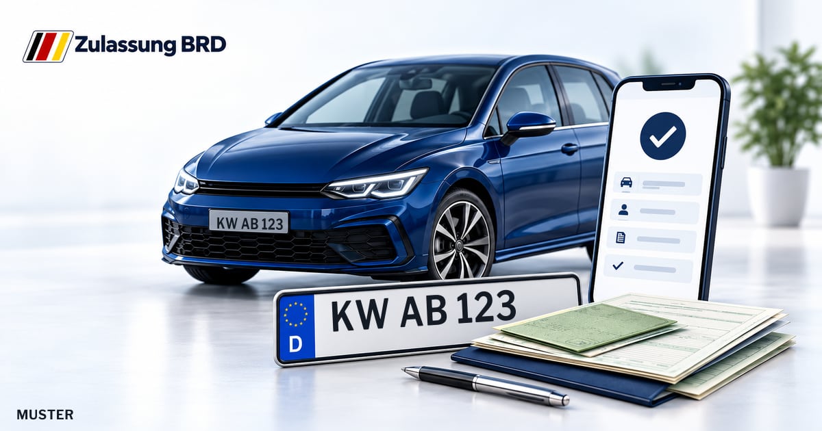 Online Fahrzeugzulassung in Landkreis Dahme-Spreewald: Musterkennzeichen KW AB 123, Auto und Fahrzeugpapiere und Smartphone. Illustration mit Logo von Zulassung BRD.